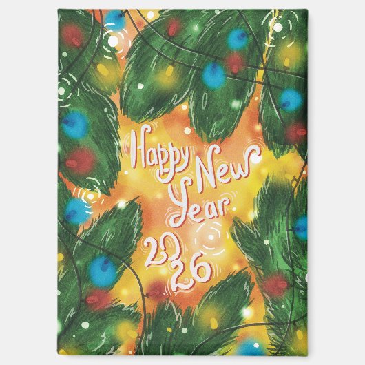 Happy New Year 2026 Pine Branches & Lights Magneet (Voorkant)