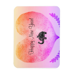 Happy New Year Big Heart & Elephant Doodle Magneet