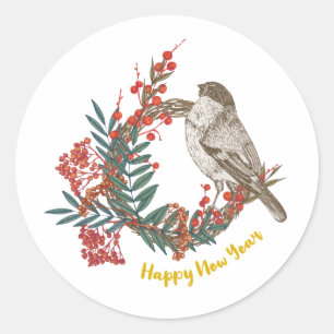 Happy New Year Bird Wreate Ronde Sticker