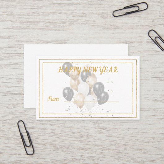 Happy New Year Black and Gold Balloons Gift Card Visitekaartje (Voorkant / Achterkant in situ)