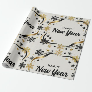 Happy New Year Black and Gold Snowflake  Cadeaupapier