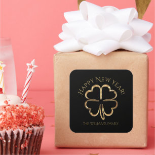 Happy New Year Black en Gold Four Leaf Clover Vierkante Sticker