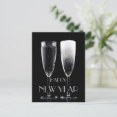 Happy New Year Black White Champagne Flute Glasses Feestdagenkaart (Staand voorkant)