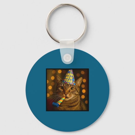Happy New Year Cat Funny Party Hat Feline Meme Cel Sleutelhanger (Voorkant)