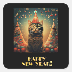 Happy New Year Cat Vierkante Sticker