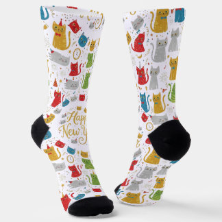Happy New Year Cats Pattern Crew Socks Sokken