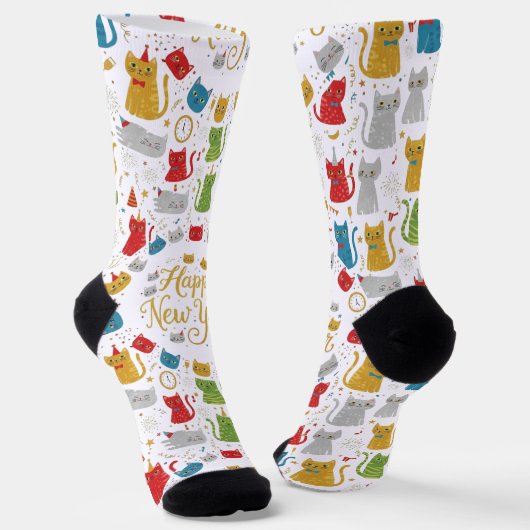 Happy New Year Cats Pattern Crew Socks Sokken (Gebogen)