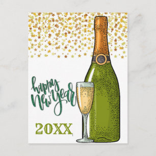 Happy New Year Champagne en Gold Stars Briefkaart