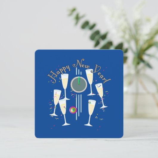 Happy New Year - Champagne Glasses and Clock Kaart (Staand voorkant)