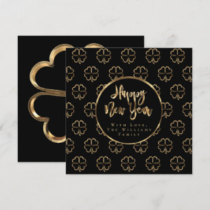 Happy New Year Clover Elegant Black en Gold Chic Feestdagenkaart
