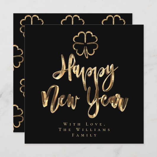Happy New Year Clover Elegant Black en Gold Chic Feestdagenkaart (Voorkant / Achterkant)
