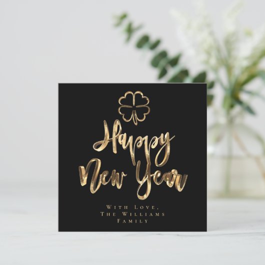 Happy New Year Clover Elegant Black en Gold Chic Feestdagenkaart (Staand voorkant)