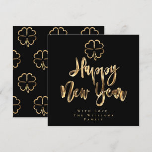 Happy New Year Clover Elegant Black en Gold Chic Feestdagenkaart