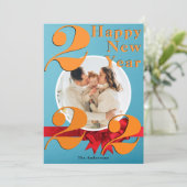 Happy New Year Custom 2022 Oranje Blauwgroen fotok Kaart (Staand voorkant)