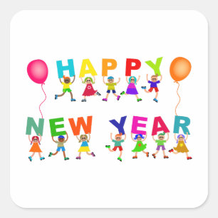 Happy New Year Cute Cartoon Diverse Kinder Text Vierkante Sticker