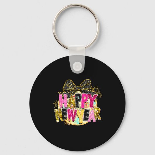 Happy New Year Disco Ball Coquette Bow New Years E Sleutelhanger (Voorkant)
