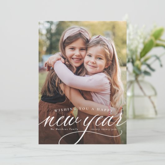 Happy New Year één foto klassiek elegant Feestdagenkaart (Staand voorkant)