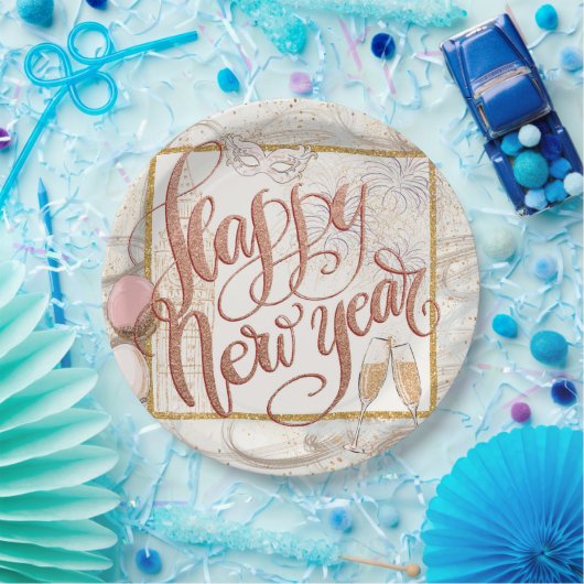 Happy New Year Elegant Roos Gold Script Papieren Bordje (Feest)
