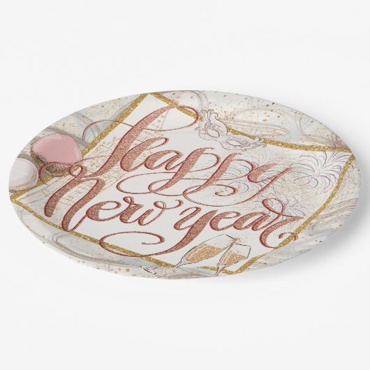 Happy New Year Elegant Roos Gold Script Papieren Bordje (Gekanteld)