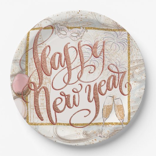 Happy New Year Elegant Roos Gold Script Papieren Bordje (Voorkant)