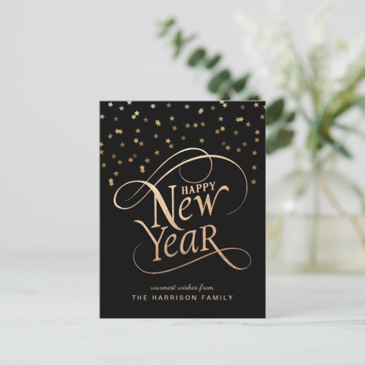 Happy New Year Elegant Script Black Gold Feestdagenkaart (Staand voorkant)