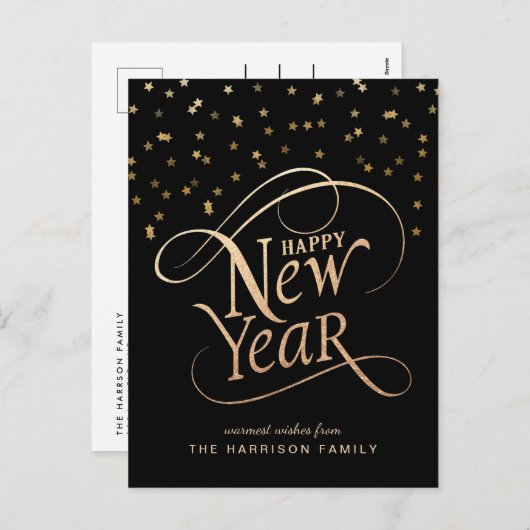 Happy New Year Elegant Script Black Gold Feestdagenkaart (Voorkant / Achterkant)