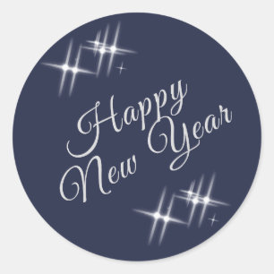 Happy New Year Elegant Sparkles Navy Blue Ronde Sticker
