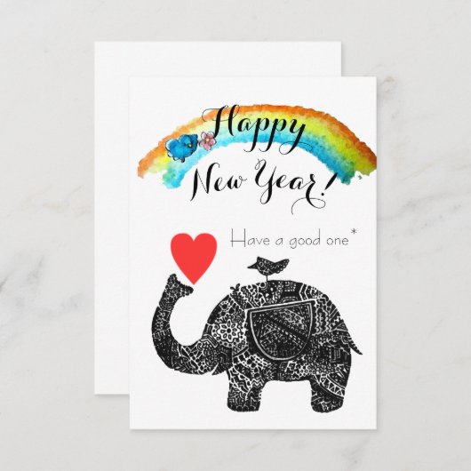 Happy New Year Elephant en Blue Bird Kaart (Voorkant / Achterkant)
