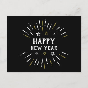 Happy New Year Fireworks Black White Gold Stars Briefkaart
