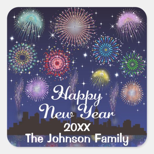 Happy New Year Fireworks Vierkante Sticker (Voorkant)