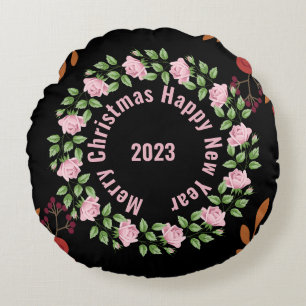 Happy New Year Floral Round Pillow Rond Kussen