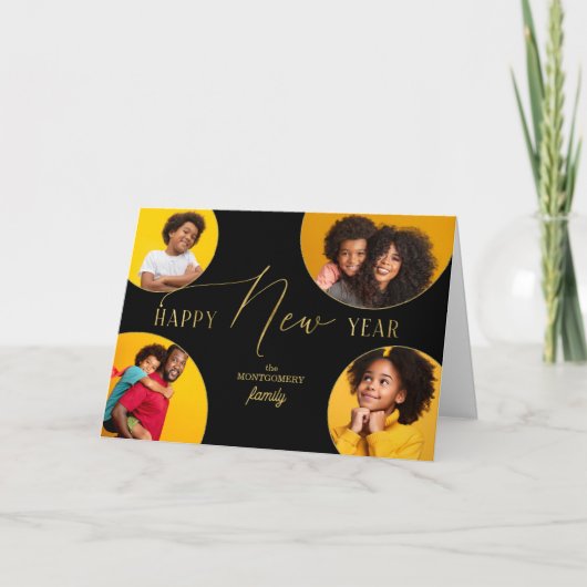 Happy New Year Four Photo Faux Gold Leaf Feestdagen Kaart (Voorkant)