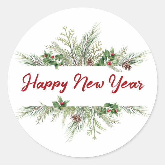 Happy New Year Framed Winter Wheath Greeting Ronde Sticker (Voorkant)
