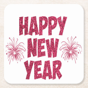 Happy New Year Glitter Vierkante Kartonnen Onderzetter