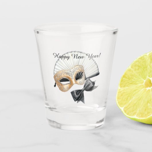 Happy New Year Gold Black Mask Shot Glas (Voorkant)