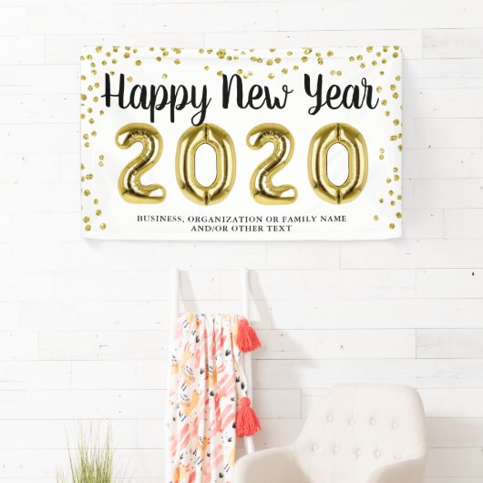 HAPPY NEW YEAR Gold Confetti Brush Script Wit Spandoek (Insitu)