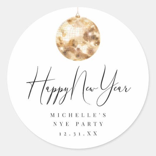 Happy New Year Gold Disco Ball Ronde Sticker (Voorkant)
