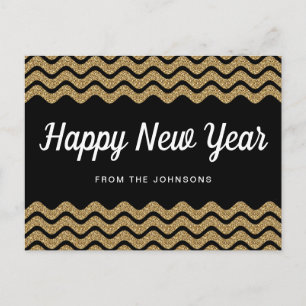 Happy New Year Gold Glitter Black Chevron Stripes Feestdagenkaart
