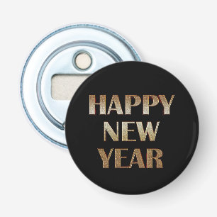 Happy New Year Gold Metallic Text Afbeelding Button Flesopener