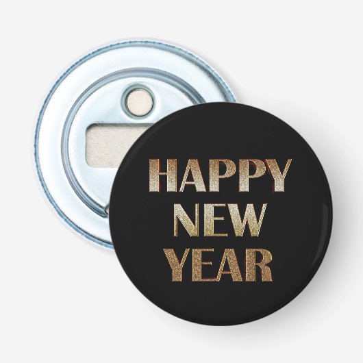Happy New Year Gold Metallic Text Afbeelding Button Flesopener (Voorkant)