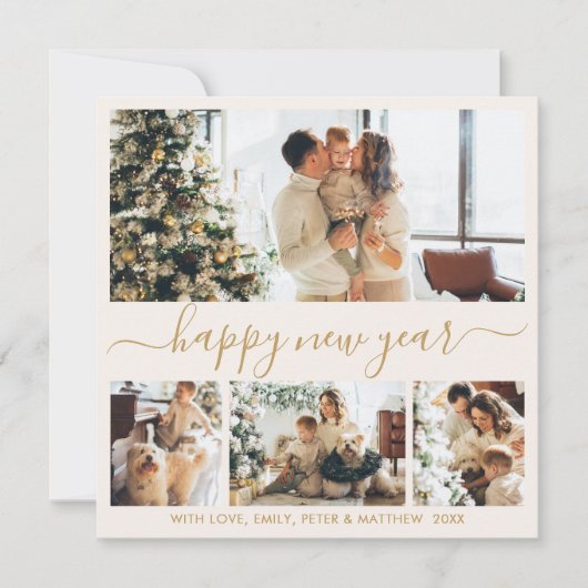 Happy New Year Gold Script 4 Photo Collage Neutral Feestdagenkaart (Voorkant)