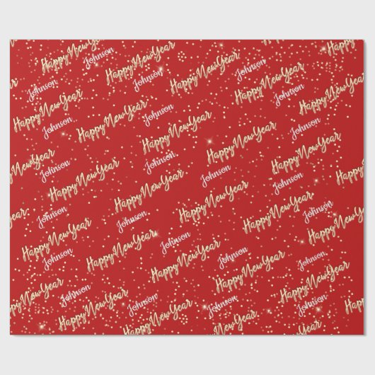 Happy New Year Golden Script Custom Name Red Cadeaupapier (Vlak)