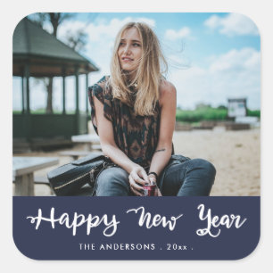 Happy New Year Handwrity Blue Foto Vierkante Sticker