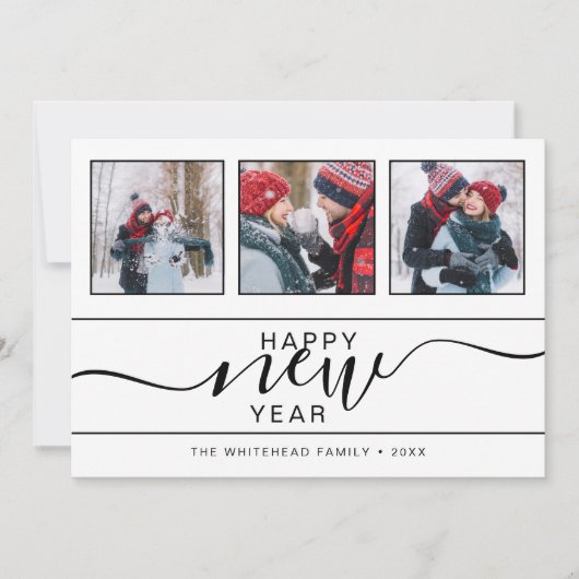 Happy New Year Modern 3 Photo Hand Lettering Feestdagenkaart (Voorkant)