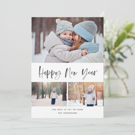 Happy New Year Modern Brush Script Photo Feestdagenkaart (Staand voorkant)