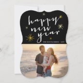 Happy New Year Modern Script Gold Starburst Foto Feestdagenkaart (Voorkant)