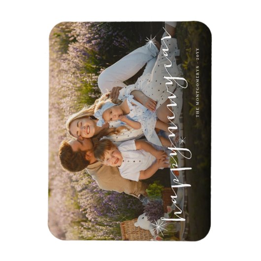 Happy New Year Modern Script Gold Starburst Foto Magneet (Verticaal)