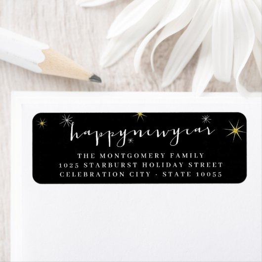 Happy New Year Modern Script Starburst Address Etiket (Insitu)