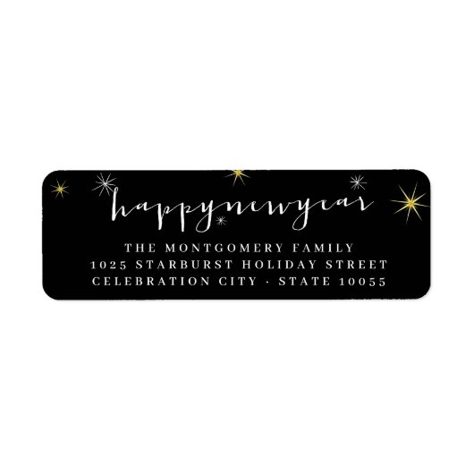 Happy New Year Modern Script Starburst Address Etiket (Voorkant)