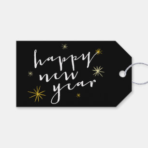 Happy New Year Moderne Script Chic Gold Starburst Cadeaulabel